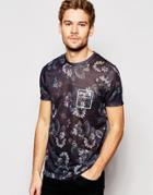 Asos Longline T-shirt With Floral Print On Linen Look Fabric With Chest Print - Dark Navy