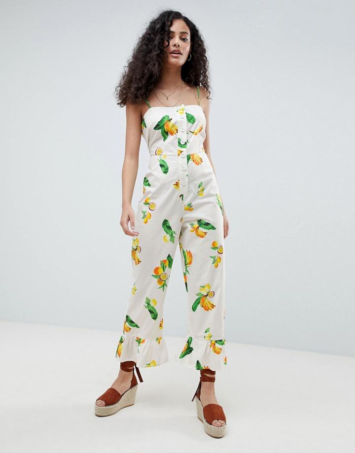Asos Design Cotton Frill Hem Jumpsuit With Square Neck And Button Detail In Fruit Print - Multi