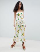 Asos Design Cotton Frill Hem Jumpsuit With Square Neck And Button Detail In Fruit Print - Multi
