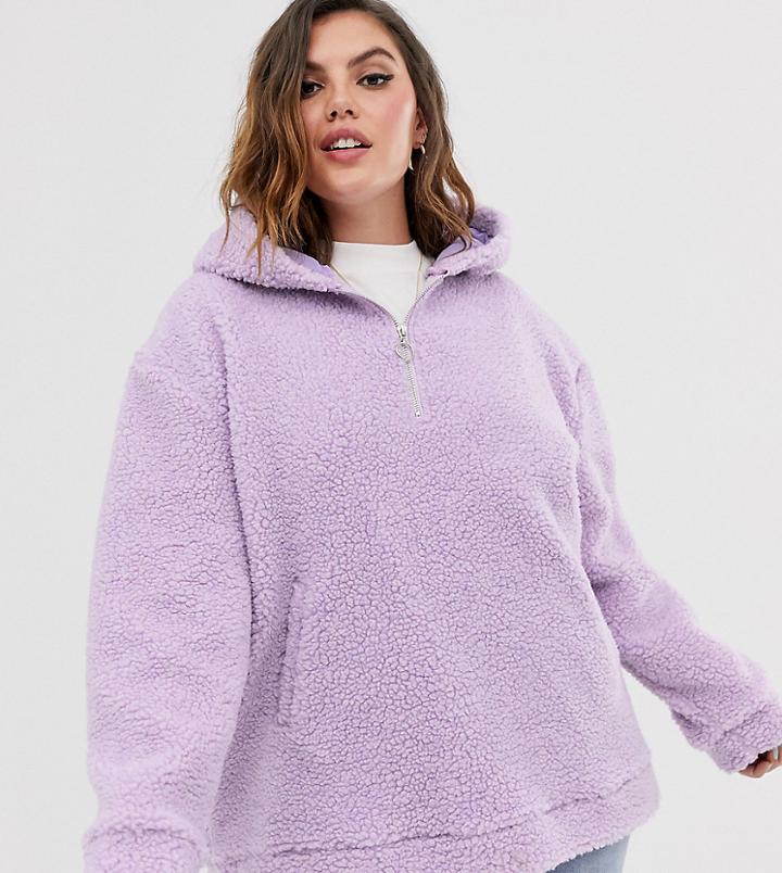 Daisy Street Plus Oversized Half Zip Hoodie In Borg - Purple