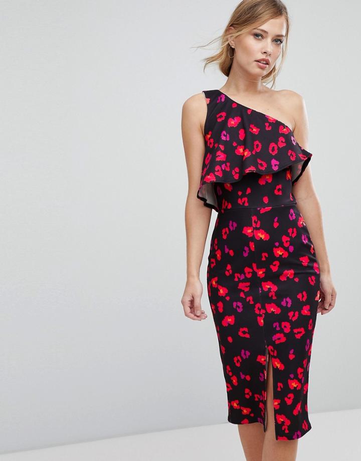 Silver Bloom Printed Bodycon Dress With Frill Overlay - Multi