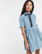 Sister Jane Mini Smock Dress With Tie Sides And Pussybow In Baby Cord-blue