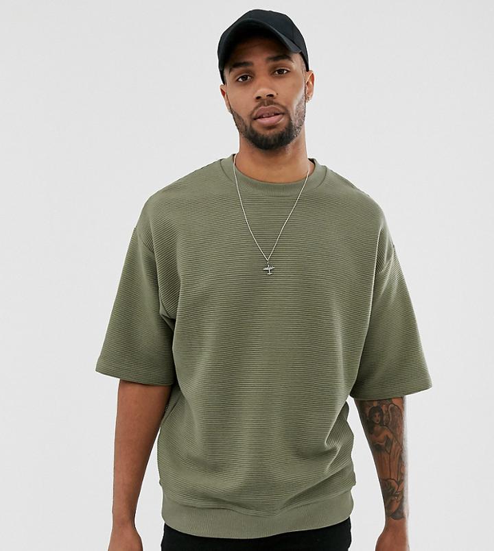 Asos Design Tall Oversized Short Sleeve Sweatshirt In Ribbed Fabric In Khaki-green