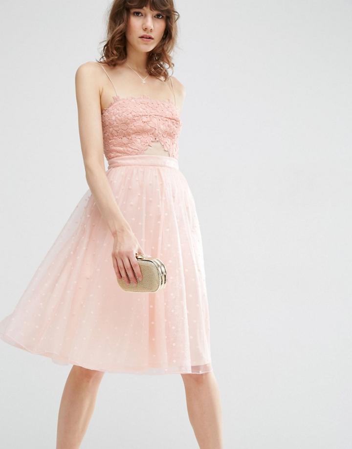 Asos Dobby Mesh Midi Lace Skater Dress - Nude