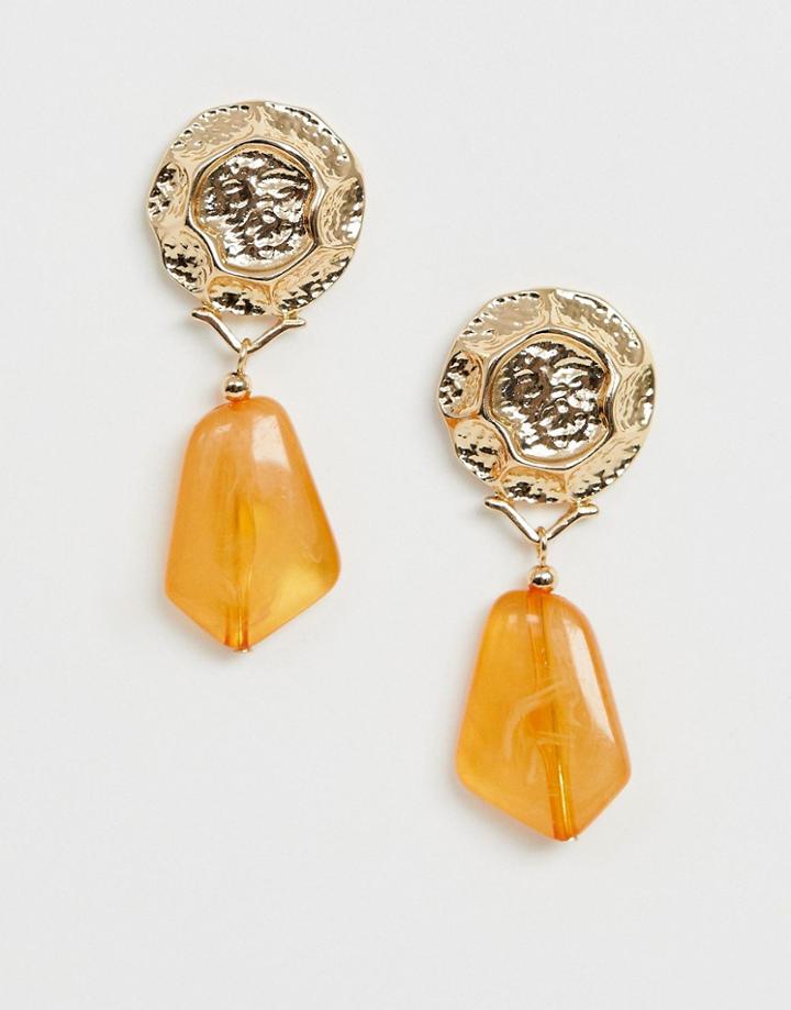 Asos Design Earrings With Molten Metal Stud And Resin Drop In Gold Tone - Gold