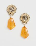 Asos Design Earrings With Molten Metal Stud And Resin Drop In Gold Tone - Gold