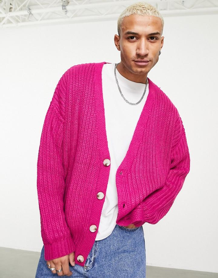 Asos Design Heavyweight Fisherman Ribbed Cardigan In Pink