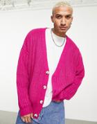 Asos Design Heavyweight Fisherman Ribbed Cardigan In Pink