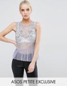 Asos Petite Exclusive Top In Mesh With Pep Hem And Sequin Detail - Purple