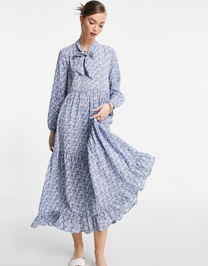 Urban Threads Tiered Maxi Smock Dress In Floral Print-blues