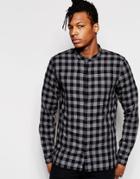Pull & Bear Check Shirt With Grandad Collar In Regular Fit - Gray