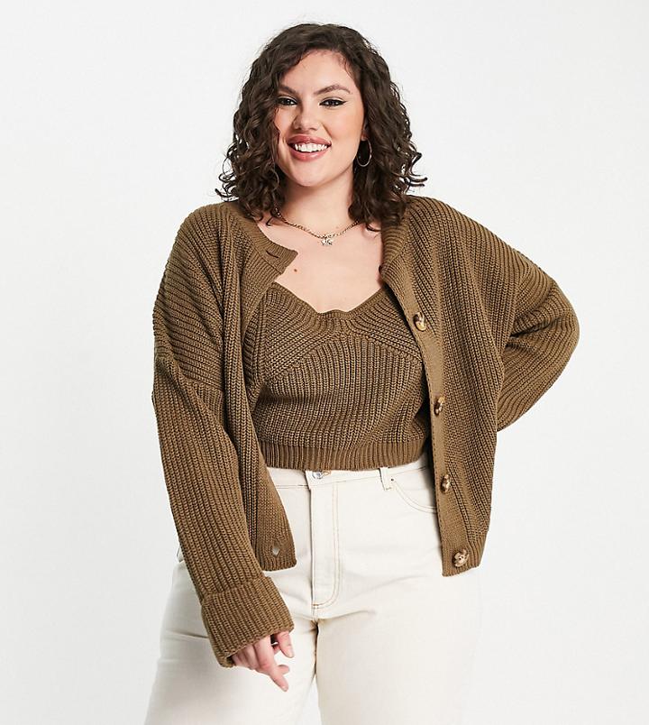 Asos Design Curve Matching Crew Neck Rib Cardigan In Taupe-neutral