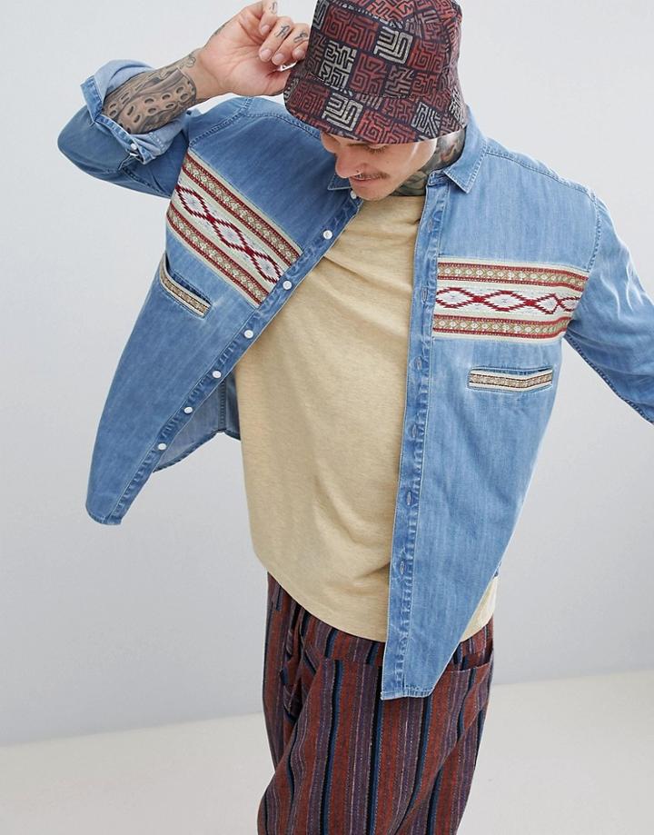 Asos Design Oversized Denim Shirt With Geo-tribal Panel - Blue