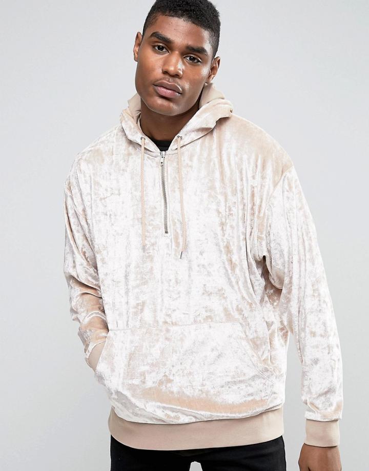 Asos Oversized Velour Half Zip Hoodie - Beige