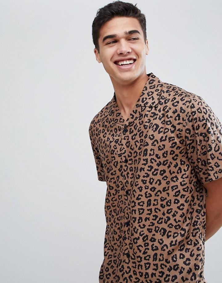 Only & Sons Leopard Print Shirt With Revere Collar - Beige