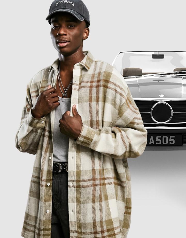 Asos Design Extreme Oversized Wool Mix Check Shirt In Ecru Large Scale-neutral