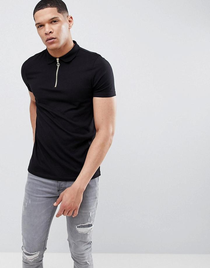 Asos Design Polo With Zip Neck In Black - Black