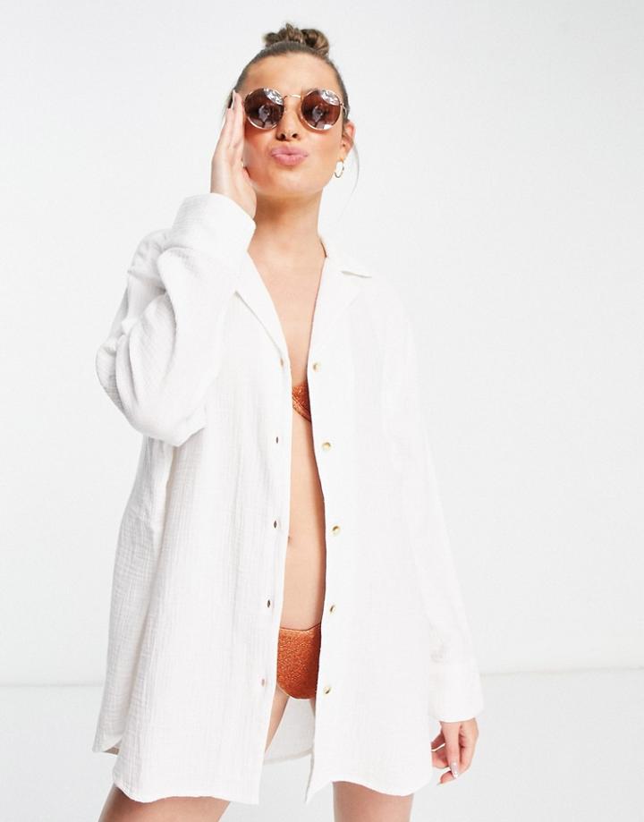 Topshop Casual Textured Beach Shirt In White - Part Of A Set