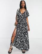 Asos Design Fuller Bust Recycled Flutter Sleeve Maxi Beach Dress In Mono Spot Print-multi