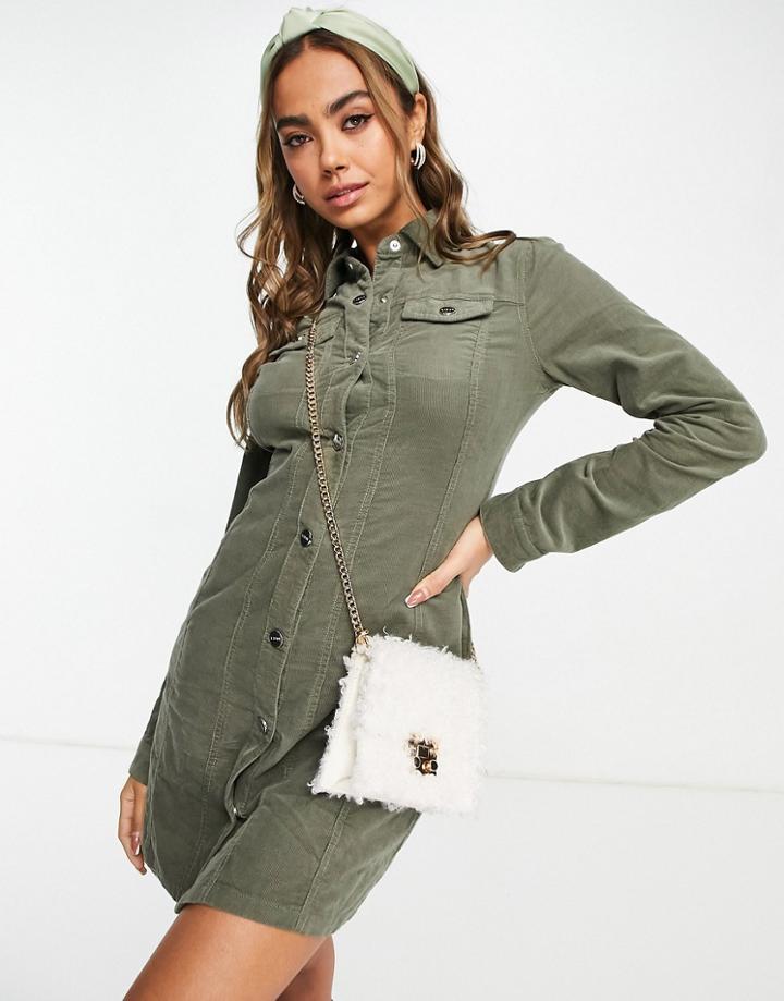Lipsy Cord Shirt Dress In Olive-green