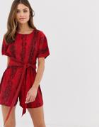 Asos Design Short Sleeve Plisse Romper In Snake Animal Print-multi