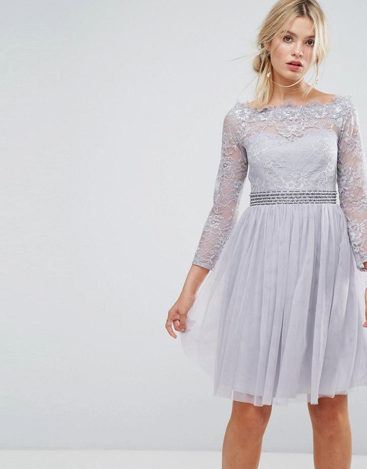 Little Mistress Bardot Midi Dress With Embellished Waist - Gray