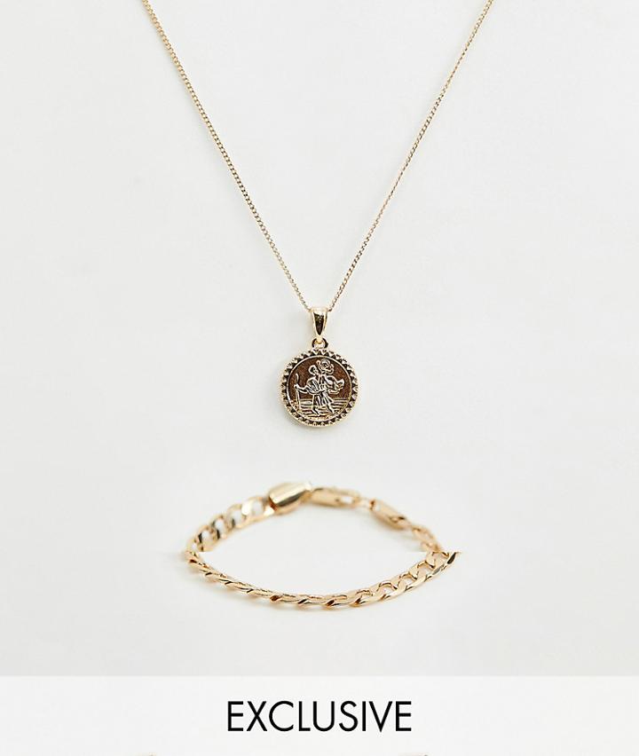 Chained & Able St Christopher Necklace & Chain Bracelet In 2 Pack Exclusive To Asos - Gold