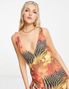 Jaded London Y2k Extreme Plunge Asymmetric Mini Dress In Baroque Print-multi