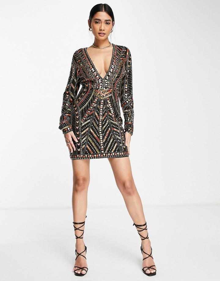 Asos Design Plunge Structured Mini Dress With Paneled Embellishment-black