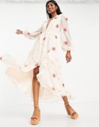 Asos Design Shirred Waist Button Through Midi Tea Dress With All Over Embroidery In Beige And Red-neutral