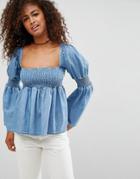 Asos Denim Puff Sleeve Smock Top - Blue