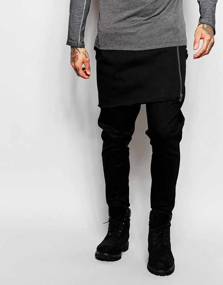 Asos Drop Crotch Joggers With Zip Front Panel - Black