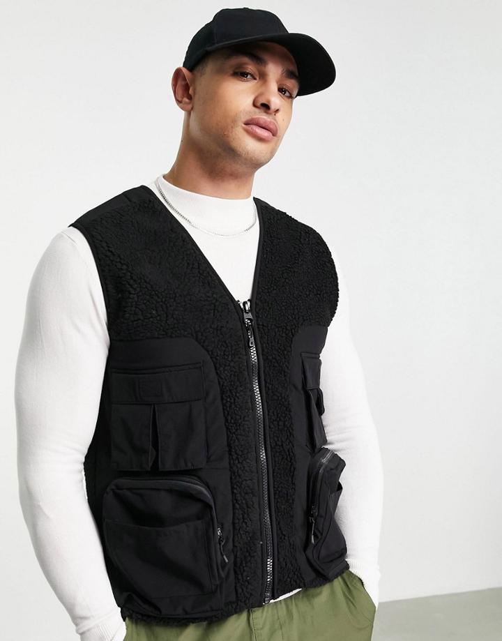 Asos 4505 Fleece Vest With Woven Pockets-black