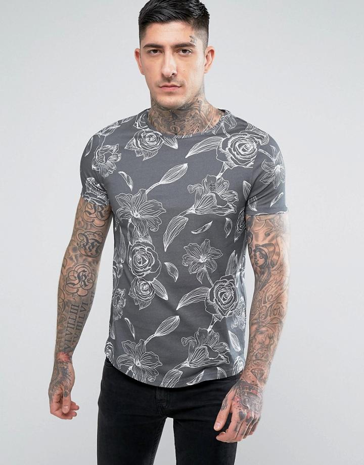 Noose & Monkey Regular T-shirt In Floral Print - Gray
