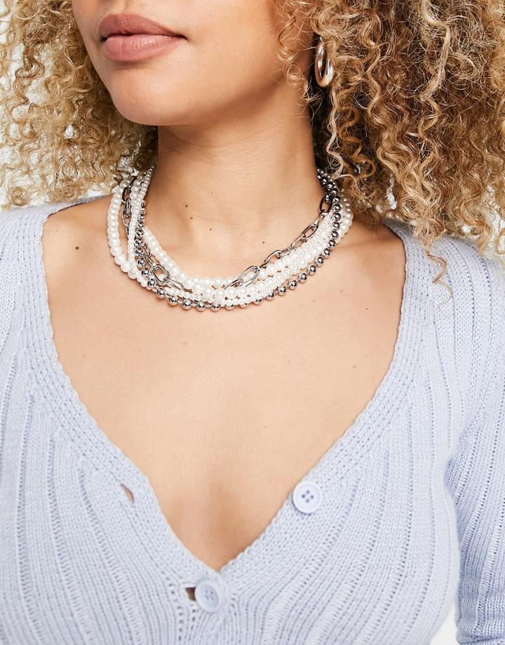 Asos Design Multirow Necklace In Pearl And Hardware Chain In Silver Tone