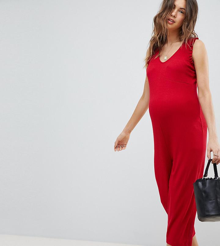 Supermom Maternity Sleeveless Ribbed Jumpsuit With Frill Detail - Red