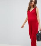 Supermom Maternity Sleeveless Ribbed Jumpsuit With Frill Detail - Red