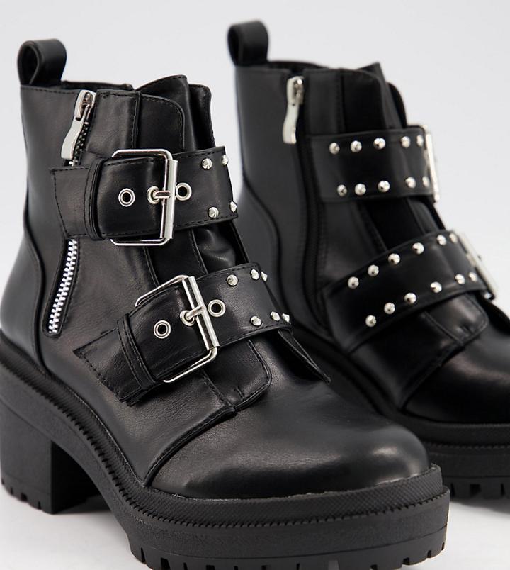 Raid Wide Fit Saint Chunky Boots With Buckle Detail In Black