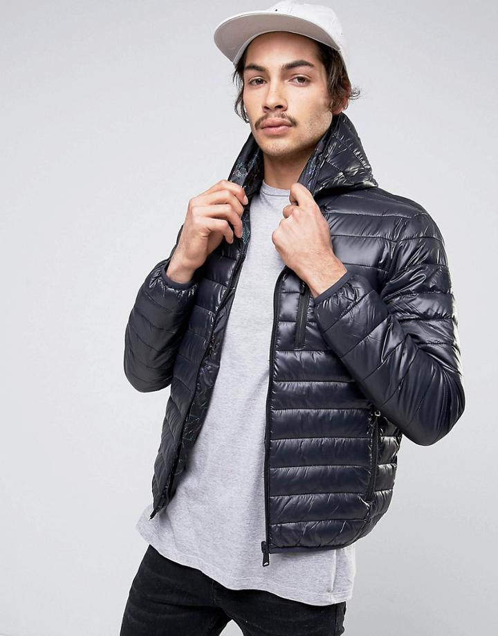 Replay Reversible Quilted Hooded Jacket In Black And Digi Print - Black