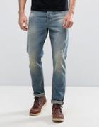 Asos Slim Jeans With Abrasions In Light Wash - Blue