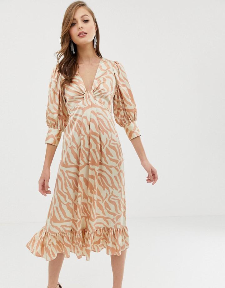 Asos Design Knot Front Midi Dress In Natural Zebra Print - Multi