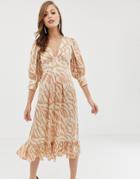 Asos Design Knot Front Midi Dress In Natural Zebra Print - Multi