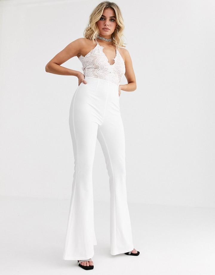Rare London Lace Plunge Front Top Wide Leg Jumpsuit In White - White