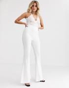 Rare London Lace Plunge Front Top Wide Leg Jumpsuit In White - White