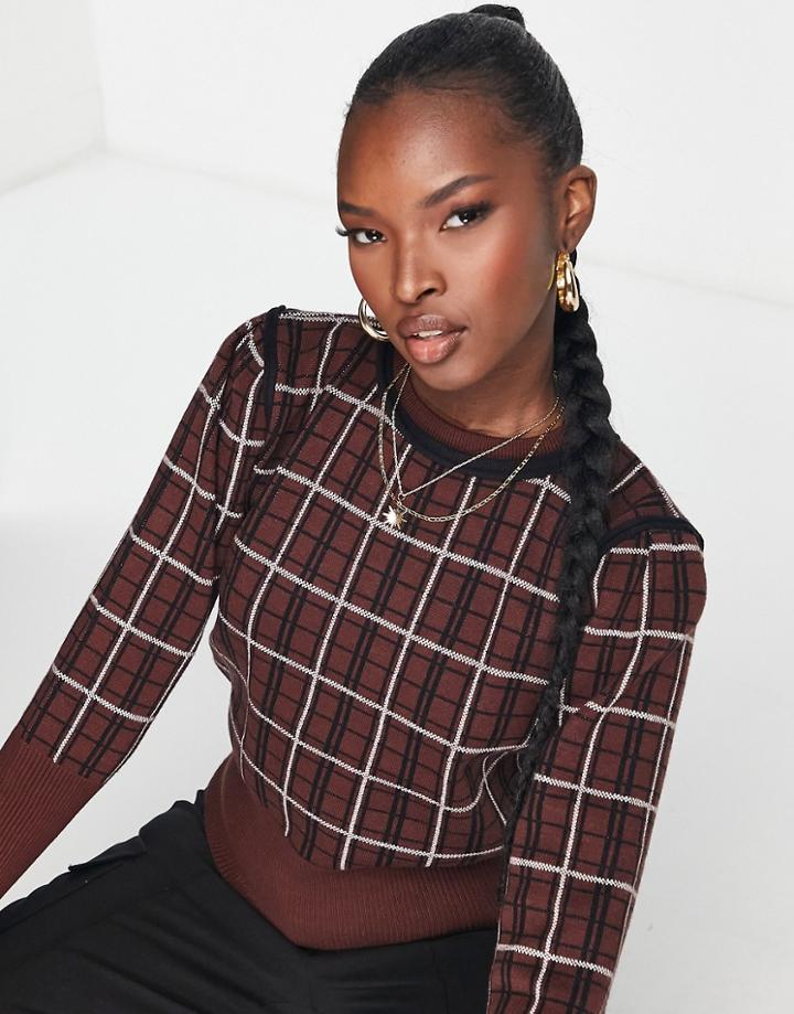 Qed London Grid Print Sweater In Brown-multi