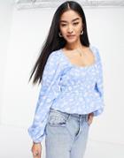 Asos Design Shirred Waist Long Sleeve Top In Blue Floral Print-multi