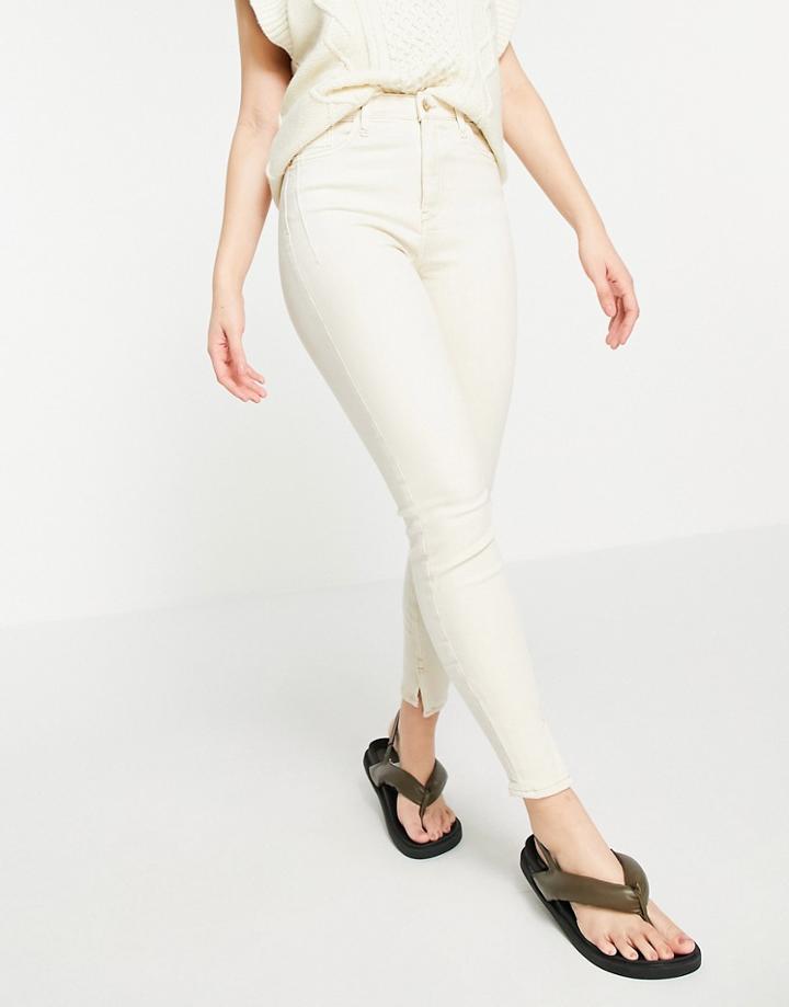 River Island High Rise Straight Cut Jeans With Slit Hem In Ecru-white