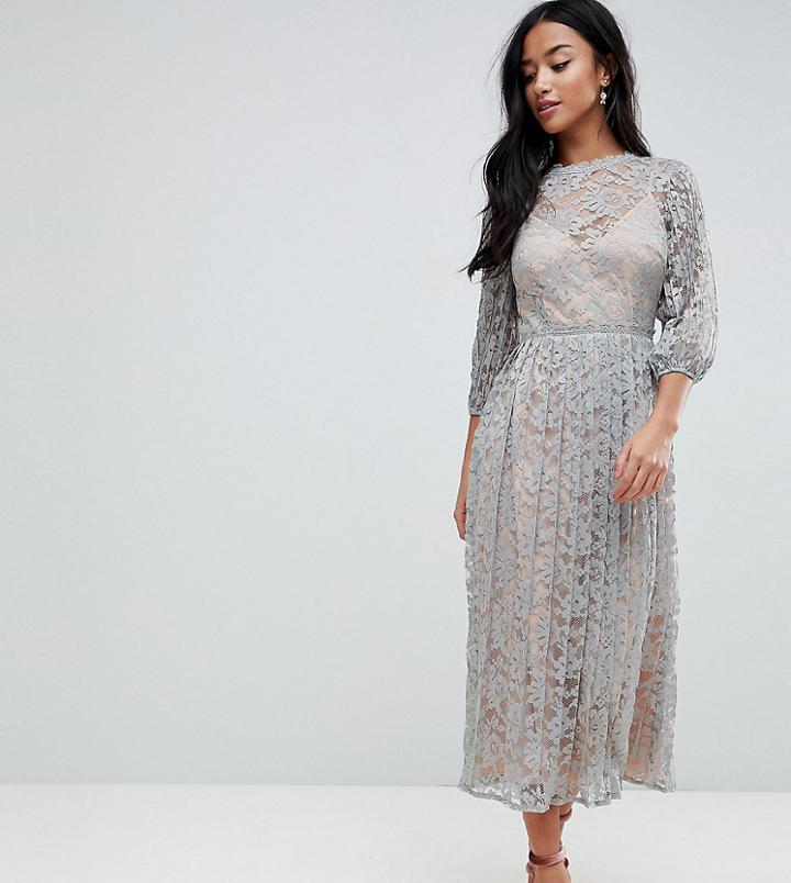 Little Mistress Petite All Over Lace Maxi Dress With Balloon Sleeve Detail - Green