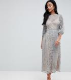 Little Mistress Petite All Over Lace Maxi Dress With Balloon Sleeve Detail - Green
