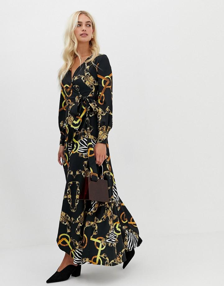 Zibi London Wrap Front Chain Patterned Midi Dress With Slip Detail - Black